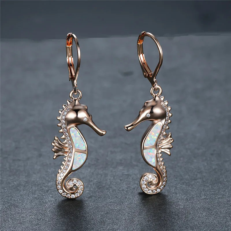 Cute Female Sea Horse Hoop Earring White Blue Opal Stone Animal Jewelry Rose Gold Silver Color Wedding Earrings For Women