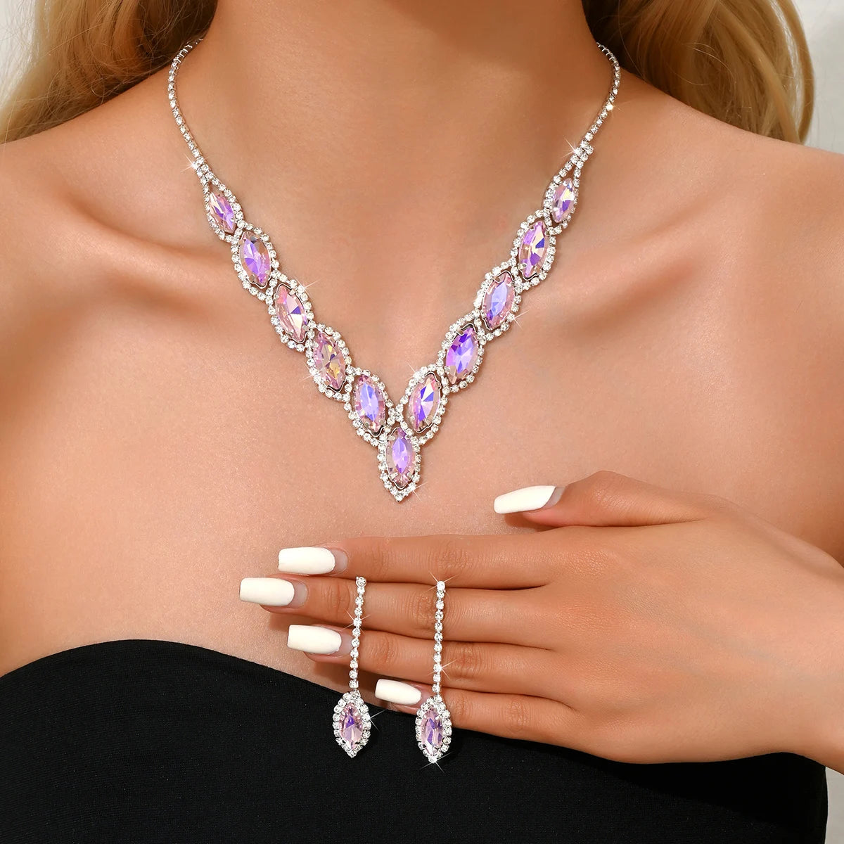 Advanced Versatile Crystal Necklace Earrings Two Piece Set Bridal Wedding Party Vacation Travel Versatile Accessories