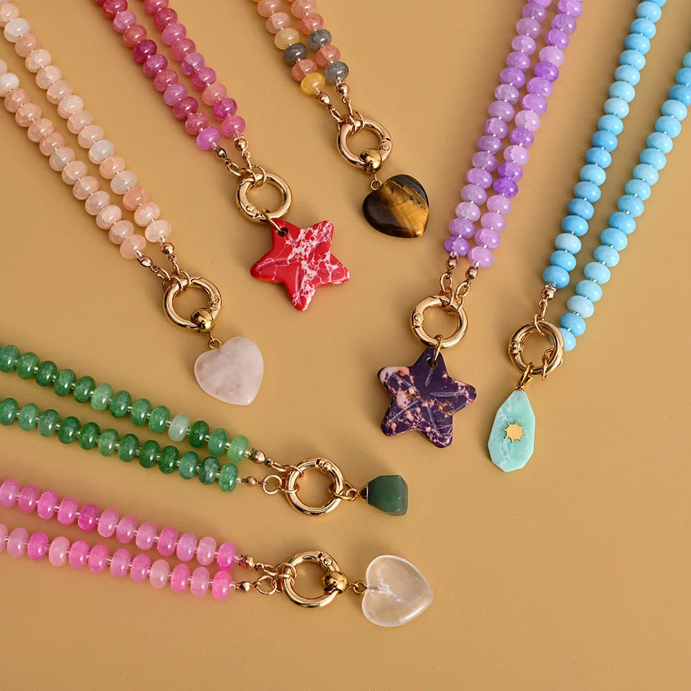 Trendy Natural Stone Star Heart Pendant DIY Necklace for Women Colorful Handmade Beaded Collars Necklace Stainless Steel Jewelry