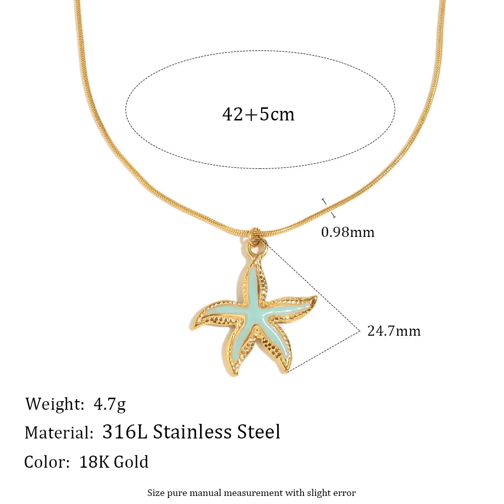 E.B.belle Summer Beach Cute Coloful Starfish Pendant Necklace 18K Gold Plated  316L Stainless Steel Holiday Neck Jewelry