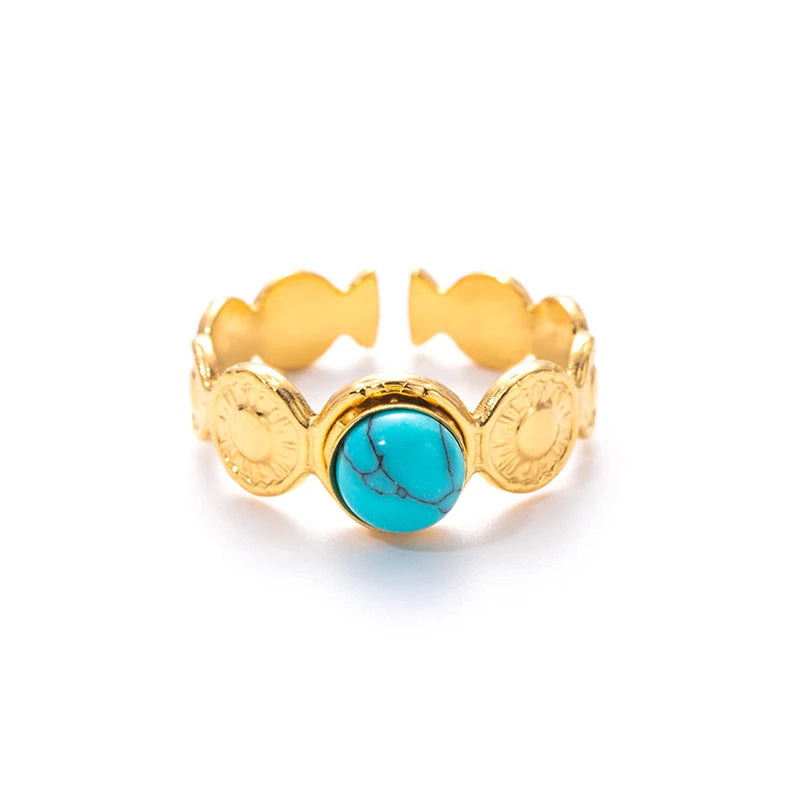 ANENJERY 316L Stainless Steel Colorful Stone Round Card Sun Open Ring for Women Men Niche Special Jewelry Gifts Wholesale