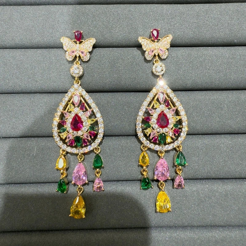 Luxury Cubic Zirconia Gemstone Bracelet Ring Earring Jewelry Set for Women Wedding Gift Colorful Stone Five Petal Flower Design