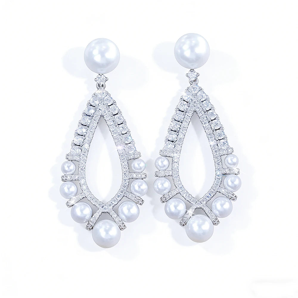 ThreeGraces Brilliant Cubic Zirconia Long Dangle Simulated Pearl Earrings for Women Luxury Bridal Wedding Party Jewelry E1376