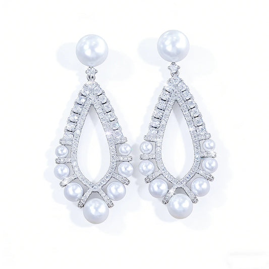 ThreeGraces Brilliant Cubic Zirconia Long Dangle Simulated Pearl Earrings for Women Luxury Bridal Wedding Party Jewelry E1376