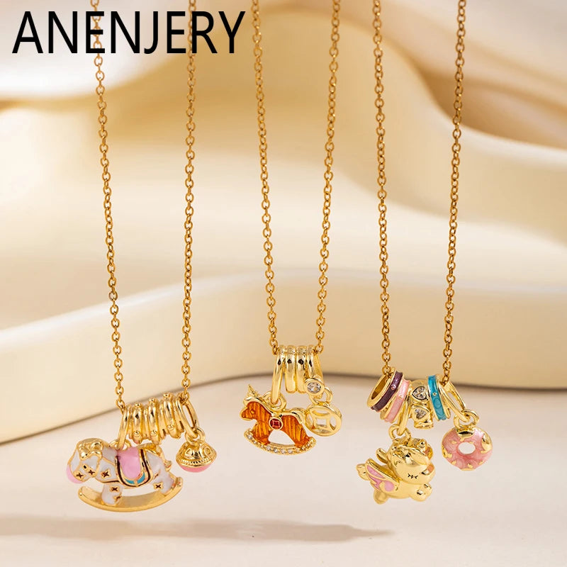 ANENJERY 316L Stainless Steel Drop Oil Horse Circular Pendant Necklace For Women Fashion Cute Sweet Jewelry Gifts Wholesale