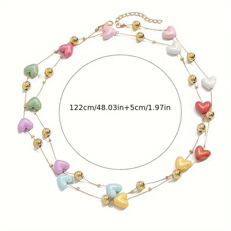 Bohemian Long Multilayer Heart Necklace for Women Colorful Candy Like Hearts with Golden Accents
