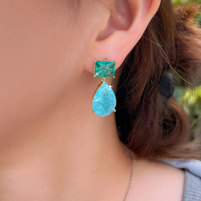 ThreeGraces Unique Green Blue Zirconia Elegant Ice Crack Water Droplet Earrings for Women Fashion Daily Party Jewelry E2007