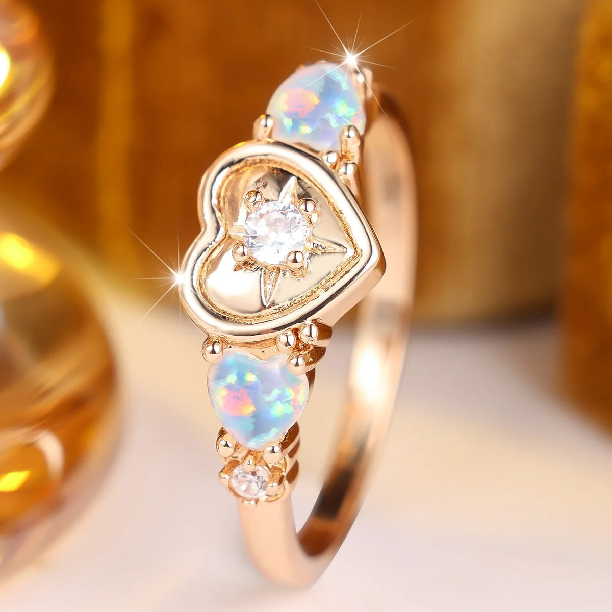 Small Heart Charm Femal White Opal Round Ring Gold Color Wedding Jewelry For Women