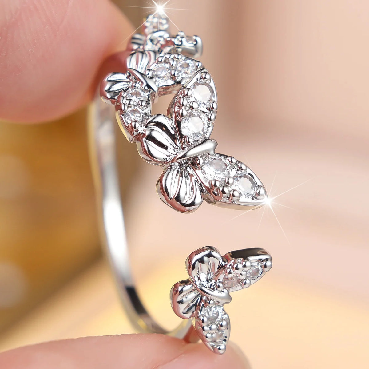 Cute Female White Zircon Stone Butterfly Adjustable Ring Silver Color Open Wedding Jewelry For Women