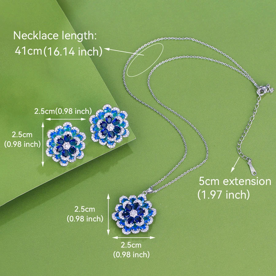 ThreeGraces 2025 New Fashion Blue Zirconia 3D Design Big Flower Earrings and Pendant Necklace Party Jewelry Set for Women J722