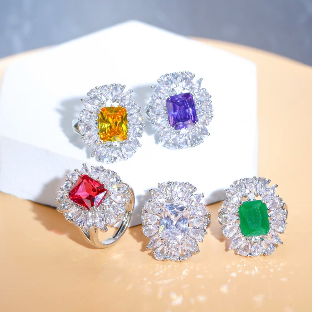 ThreeGraces Luxury Green Purple Cubic Zirconia Silver Color Adjustable Size Wedding Engagement Ring for Women Chic Jewelry R168