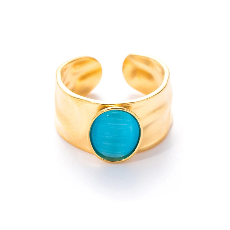 ANENJERY 316L Stainless Steel Colorful Stone Wide Smooth Open Ring for Women Men Elegant Noble Jewelry Gifts Wholesale