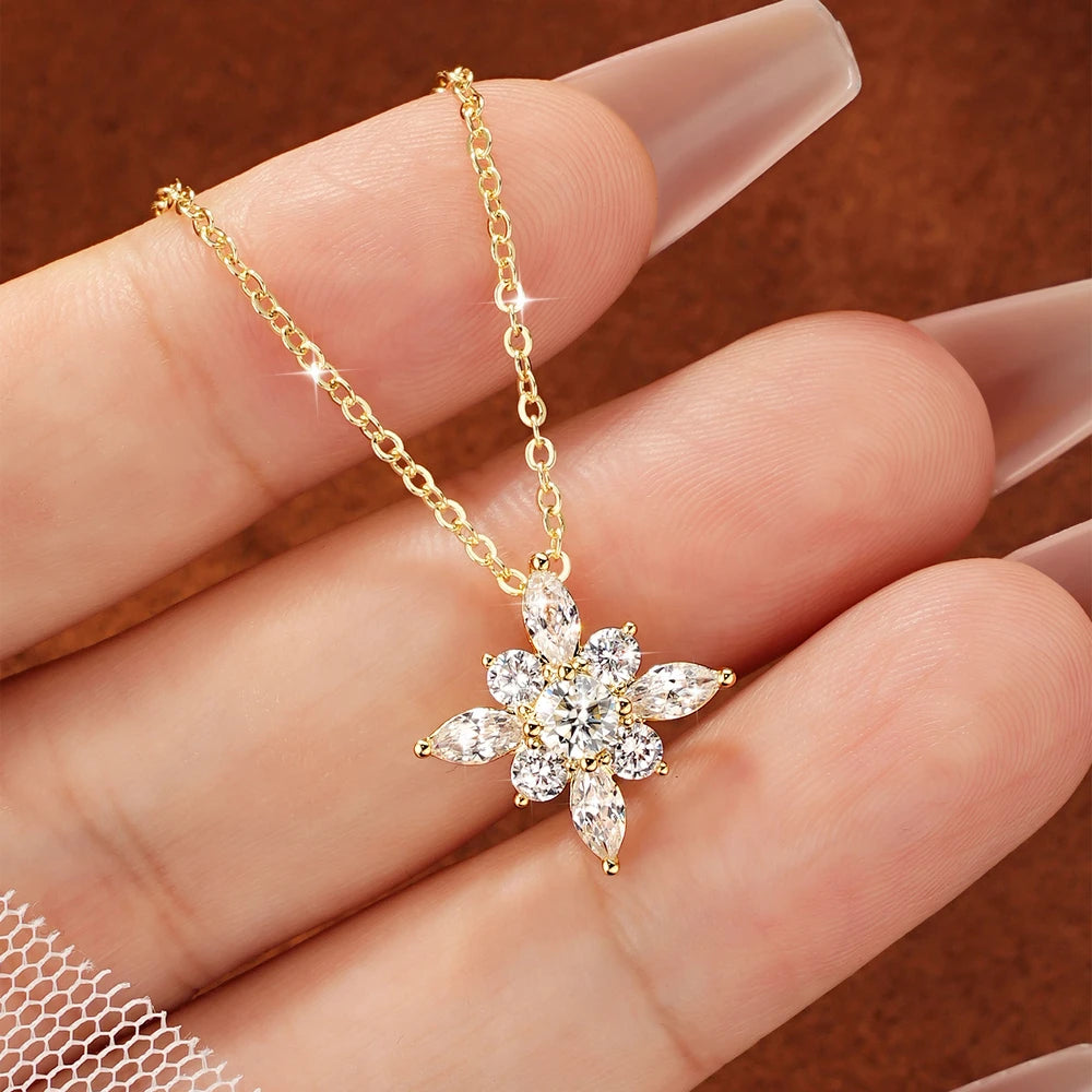 OXTAO Snow Star Moissanite Pendant Necklace 4mm D VVS1 For Women 14K Gold Filled Luxury Sparkling Charm Necklace Jewelry Gifts
