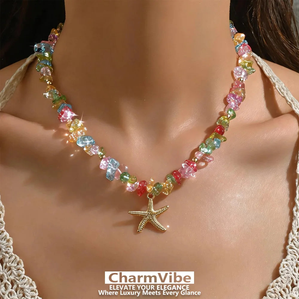 Boho Beach Vacation Starfish Necklace Set for Women Natural Chip Stone Beads Pink White Colorful Summer Y2K Trendy Fashion Jewel