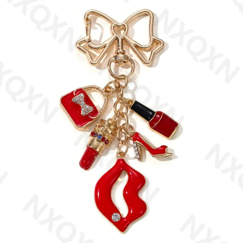 Cartoon Flamingo Lips High Heels Heart Keychain Pretty Handbag Enamel Key Ring For Friends Women Girl Festival Gifts DIY Jewelry