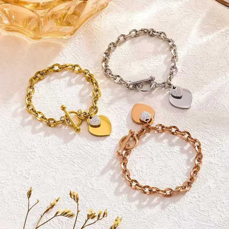EILIECK 316L Stainless Steel Glossy Heart Charm Bracelet For Women Girl Trendy Wrist Chain 18K Gold Plated Jewelry Gift Bijoux
