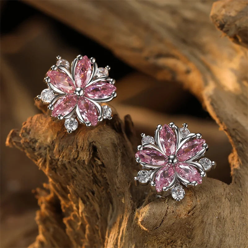 Luxury Female Pink Stone Flower Stud Earrings Silver Color Zircon Wedding Jewelry For Women