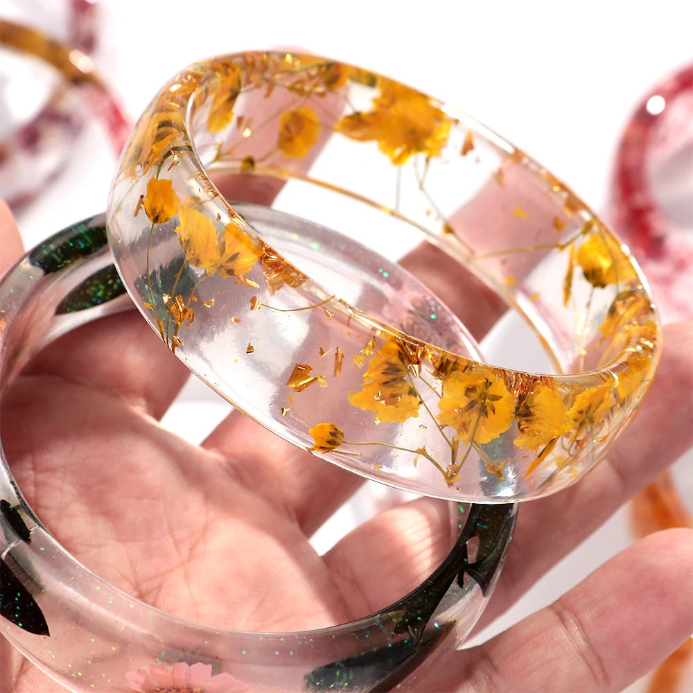 Vintage Dried Flowers Transparent Resin Chunky Bangles New Stackable Cuff Bangle Bracelets for Women Charm Jewelry