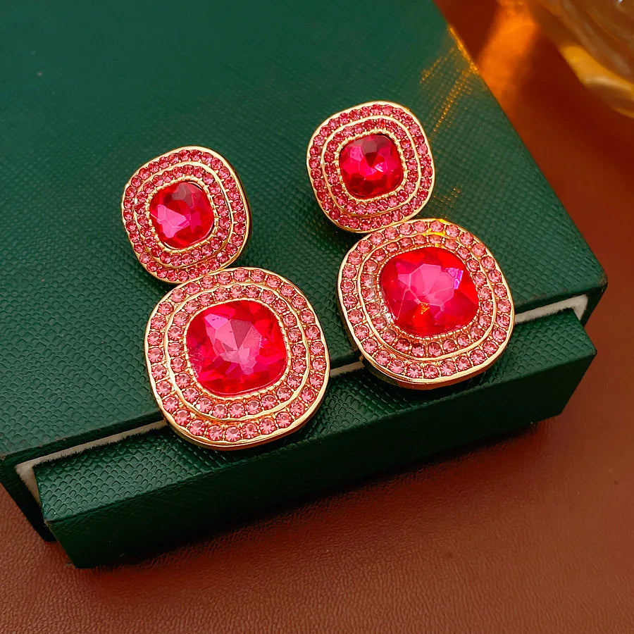 Vintage Full Rhinestones Square Dangle Earrings for Women Shiny Exquisite High-end Geometric Drop Earring Luxury Jewelry Gifts N