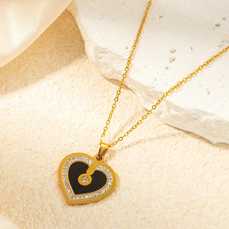 ANENJERY 316L Stainless Steel Double sided Heart Shiny Zircon Necklace Earrings For Women Niche Vintage Jewelry Gifts Wholesale