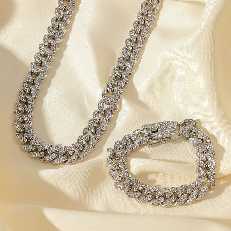 EILIECK Exquisite Geometric Thick Cuban Chain Necklace Bracelet Set Trendy Collar Punk Zirconia Collar Jewelry Women Men New