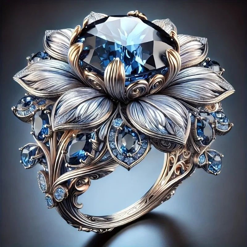 Luxury Blue Red Cubic Zirconia Floral Statement Ring Two-Tone Color Ring Elegant Cocktail Ring For Women Party Wedding Jewelry