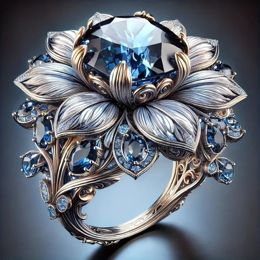 Luxury Blue Red Cubic Zirconia Floral Statement Ring Two-Tone Color Ring Elegant Cocktail Ring For Women Party Wedding Jewelry