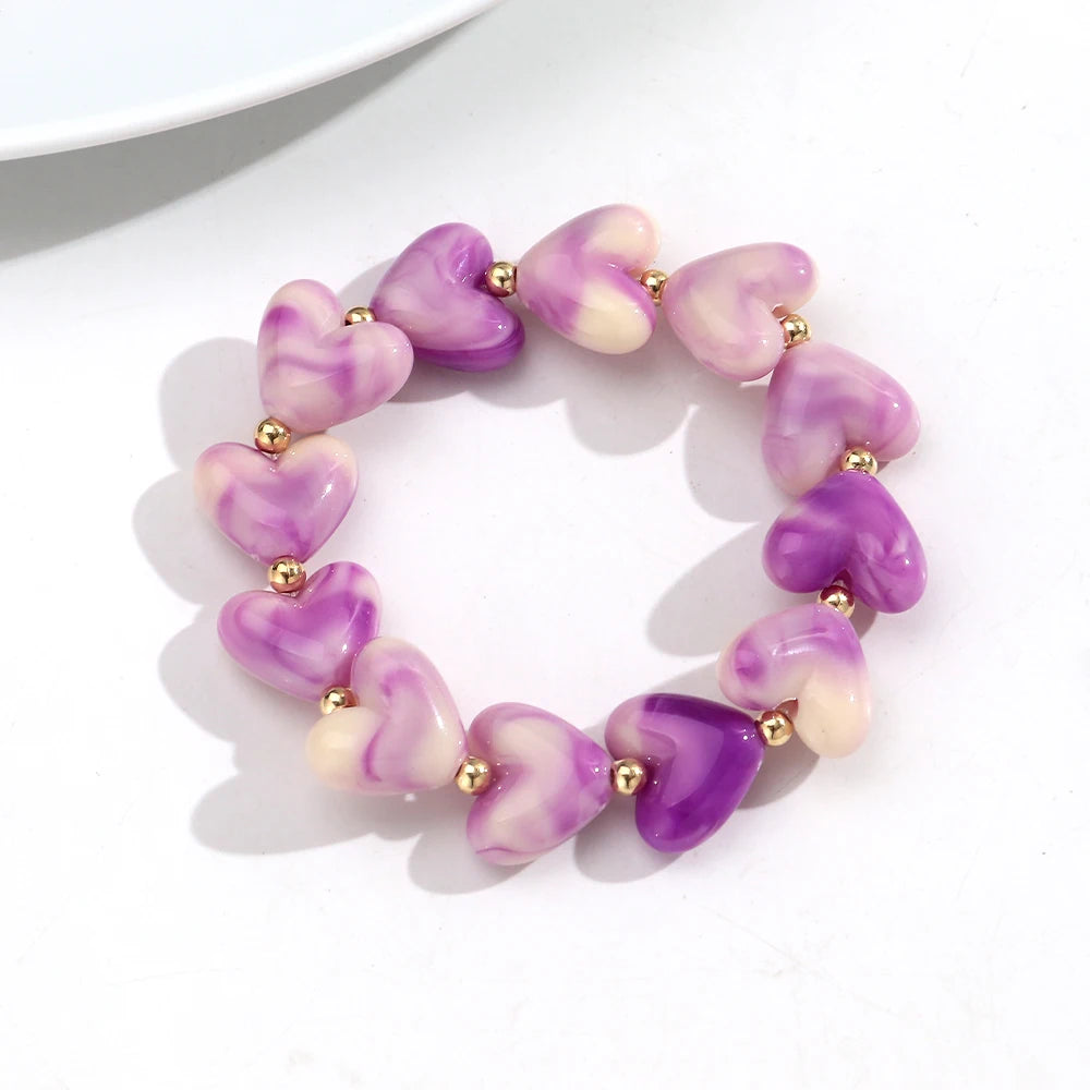 Cute Acrylic Colorful Geometric Heart Beads Elastic Bracelets New Love Heart Beaded Stackable Bangle Bracelet Women Jewelry Gift