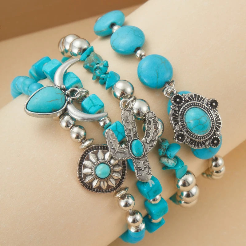 Bohemian Style Bead Bracelet with Cow's Head Geometric Inlay Imitation Turquoise Fashion Combination Jewelry Accessories