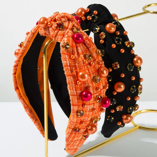 Popular Halloween Headbands For Women, Korean Fabric Knotted High Skull Headband, Pearl Rhinestone Headband Wholesale