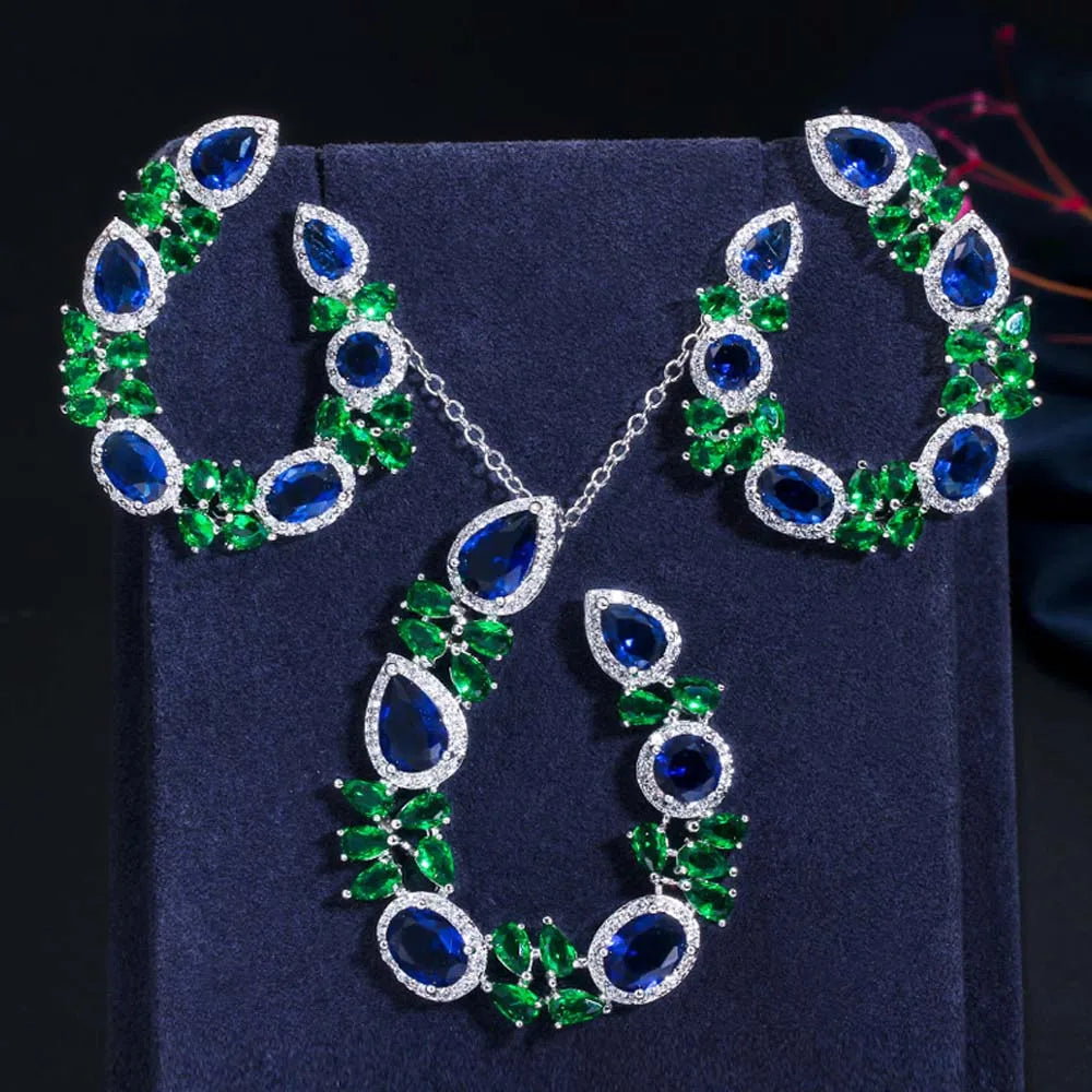 ThreeGraces Sweet Colorful Cubic Zirconia Big Symmetrical Earrings Pendant Necklace Fashion Jewelry Set for Women Party JS619