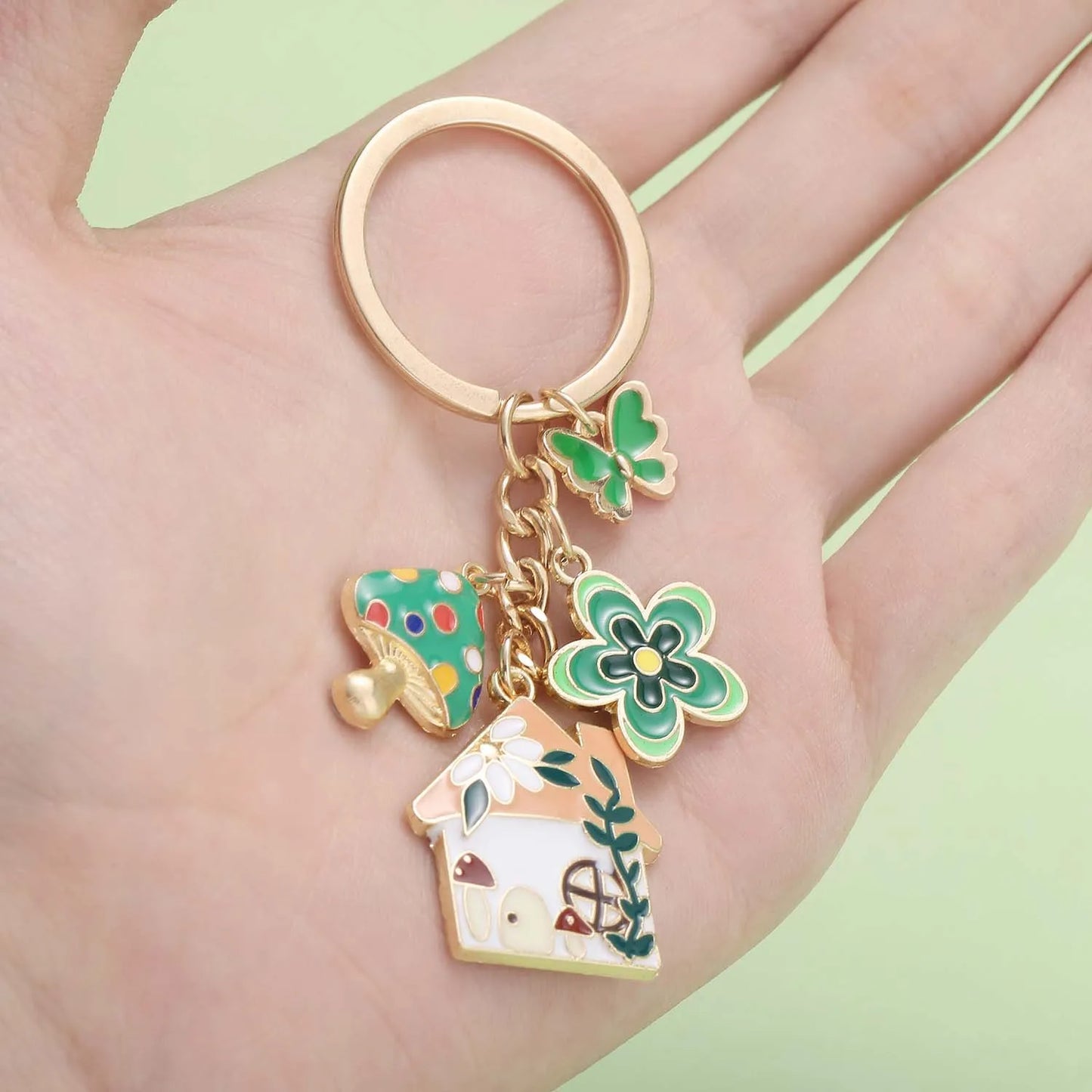 1pc Colorful Fairy Tale Keychain, Enamel Mushroom House Flower Butterfly Charms Key Ring, For Car Keys, Backpacks, Wallets