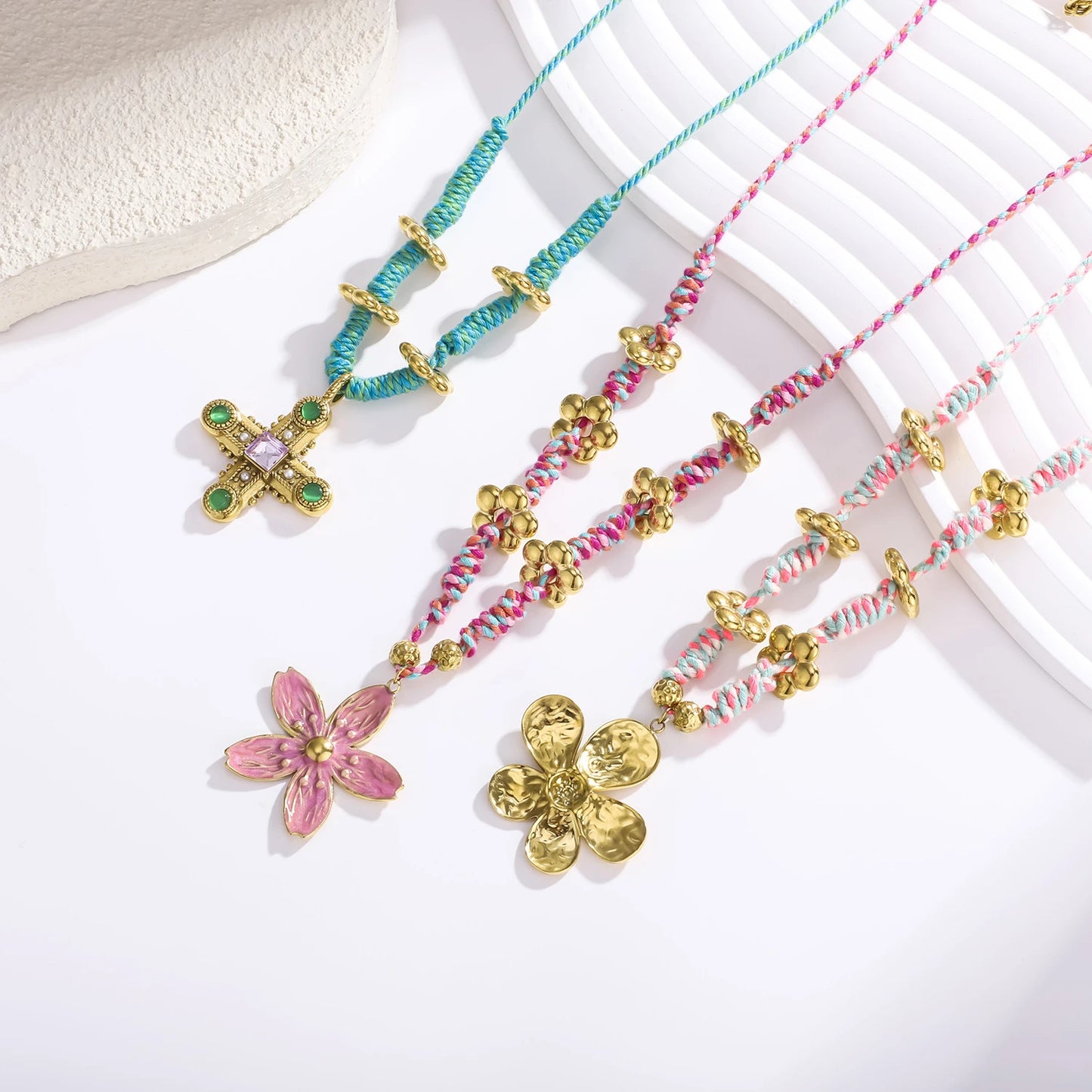 Tendy cotton rope paired with stainless steel stylish flower pendant fashion personality necklace back-to-school season gift