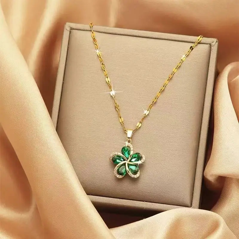 EILIECK 316L Stainless Steel Green Cubic Zircon Flower Pendant Necklace for Women Luxury Temperament Neck Chain Fashion Jewelry