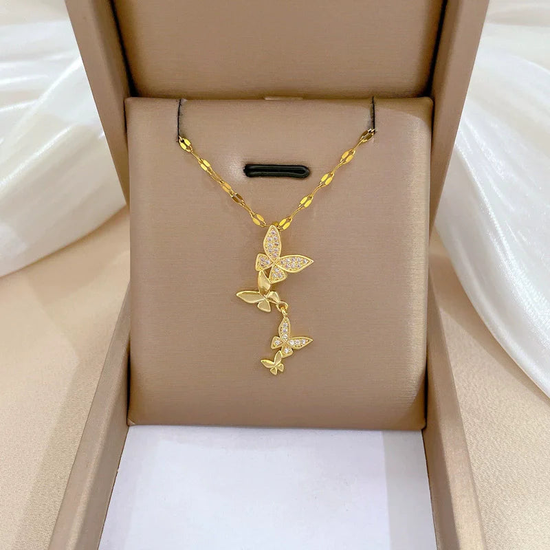 EILIECK 316L Stainless Steel Shine Cubic Zircon Butterfly Pendant Necklace for Girl Gold Color Waterproof Chic Jewelry Party