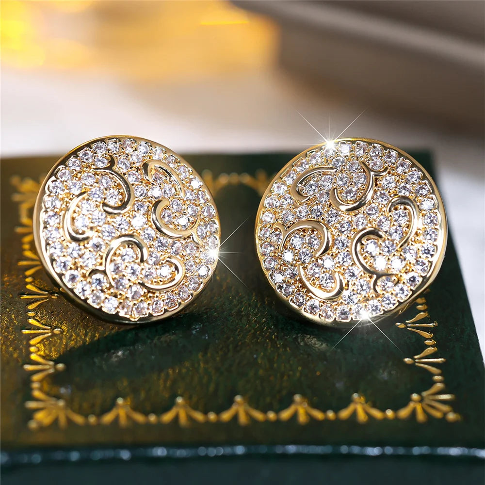 Cute Female Stone White Zircon Round Stud Earrings Gold Color Wedding Jewelry For Women