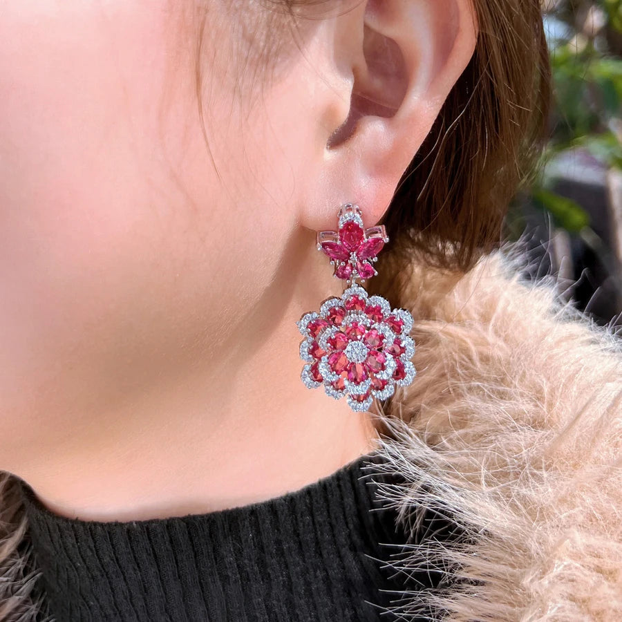 ThreeGraces Elegant Red Zirconia 3D Design Long Flower Dangle Earrings for Women Luxury Bridal Wedding Party Jewelry E1986
