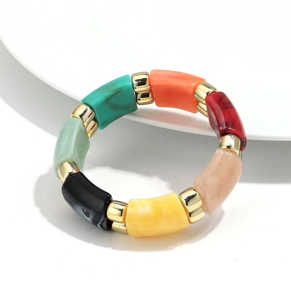 Vintage Acrylic Marbled Elastic Beads Bangle Bracelets for Women Fashion Golden CCB Round Beaded Cuff Bracelet Jewelry Gifts