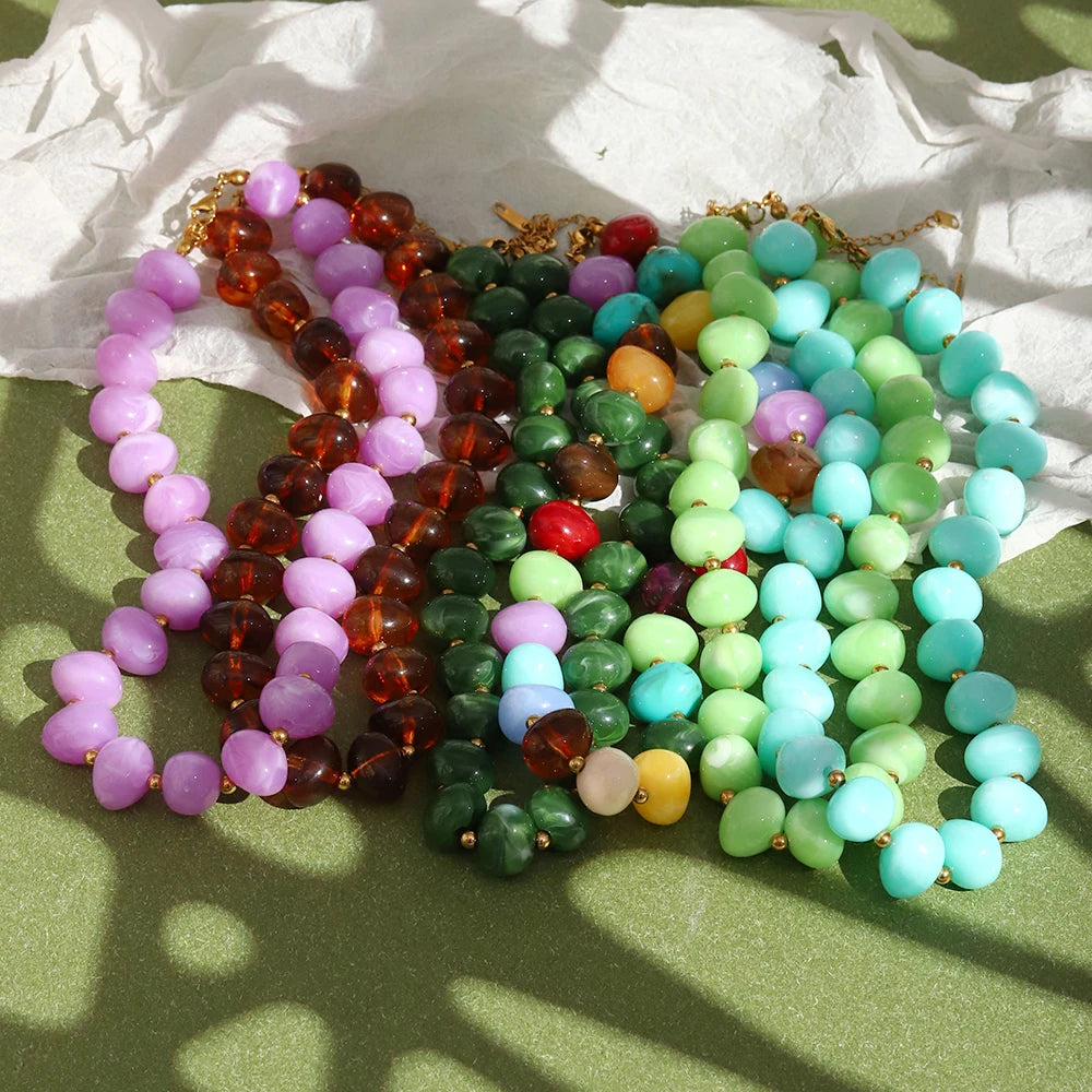 E.B.belle Colorful Candy Bead Strand Necklace Adjustable Gold Extension Chain Flat Oval Resin Beads Fashion Beach Women Jewelry