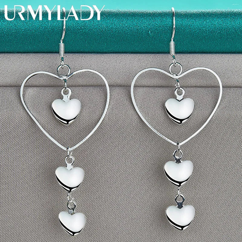 URMYLADY 925 Sterling Silver Love Heart Frame Earrings For Women Fashion Wedding Engagement Charm Jewelry