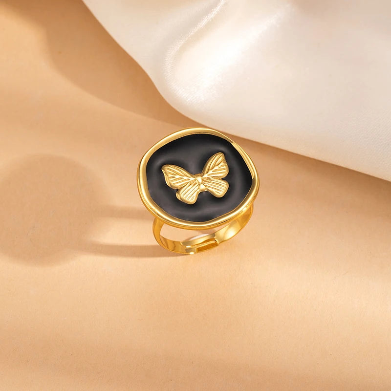 ANENJERY 316L Stainless Steel Geometric Circular Heart Waterdrop Enamel Ring For Women Luxury Temperament Fashion Jewelry Gifts