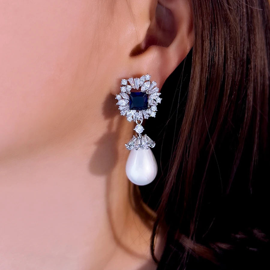 ThreeGraces Vintage Luxury Blue Square Zirconia Long Big Simulated Pearl Earrings for Women Fashion Bridal Party Jewelry E1969