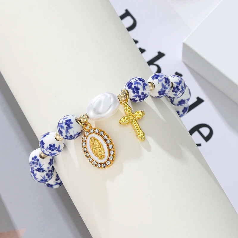 Bohemian Blue White Porcelain Bead Bracelet with Imitation Pearls Cross Pendant for Women Daily Party Wear Fashion Accessory