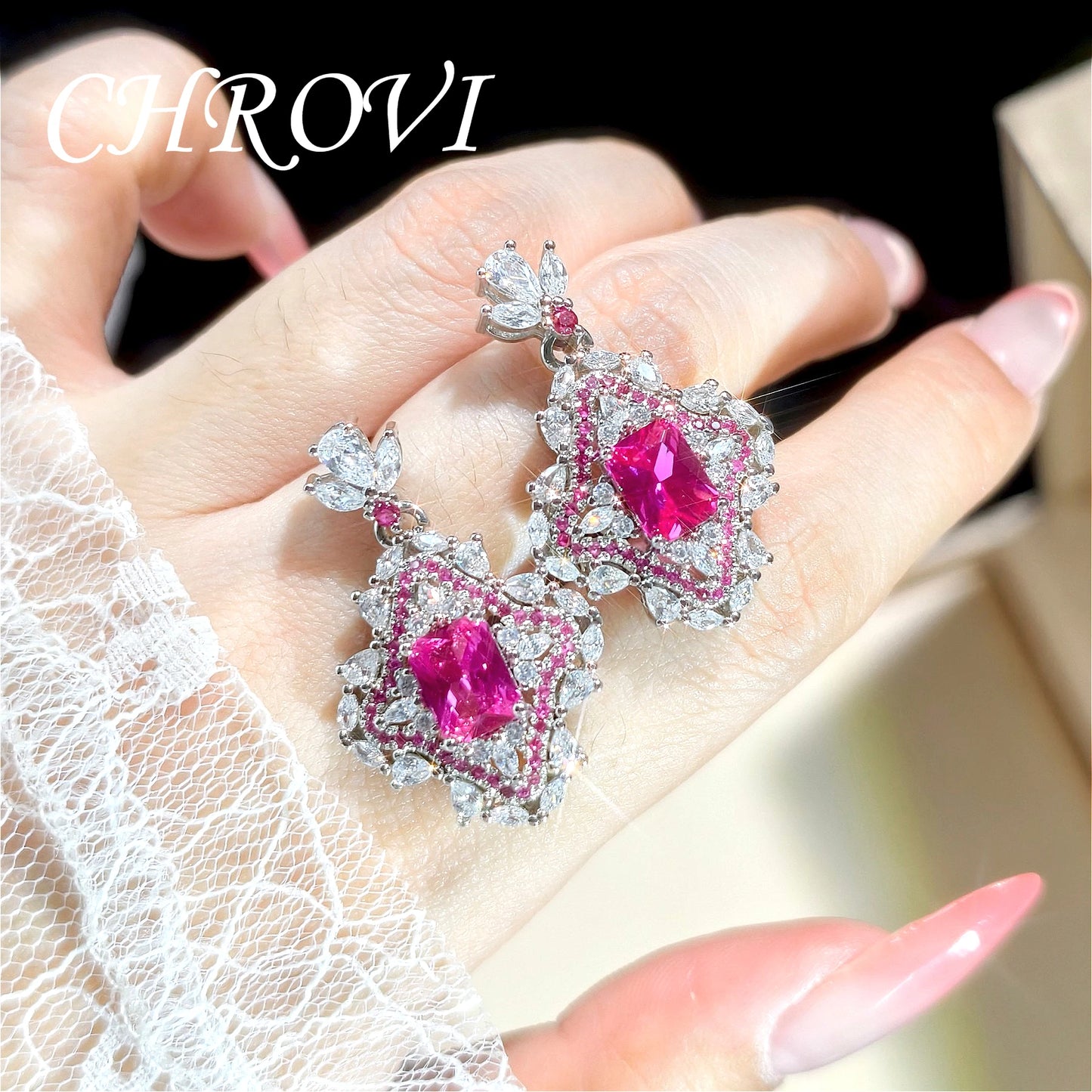 Luxurious 925 sterling silver long rectangular full-diamond style short earrings for women, open ring style