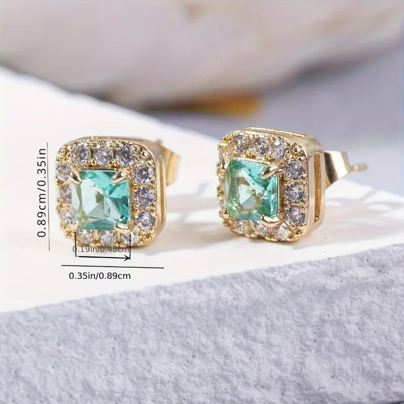 Eternity Green CZ Stud Earrings for Women Gold Color Luxury Bride Wedding Earrings Elegant Ear Accessories Party Jewelry