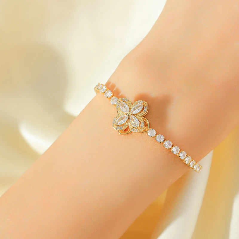 EILIECK New Fashion Stainless Steel Rotating Green Clover Zircon Necklace Bracelet Set For Women Trendy Waterproof Jewelry Gift
