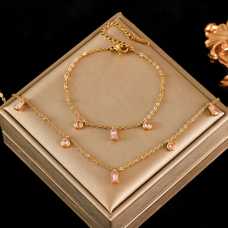 EILIECK 316L Stainless Steel Colored Acrylic Stones Necklace Bracelets Set For Women Trendy Neck Chain Waterproof Jewelry Gift