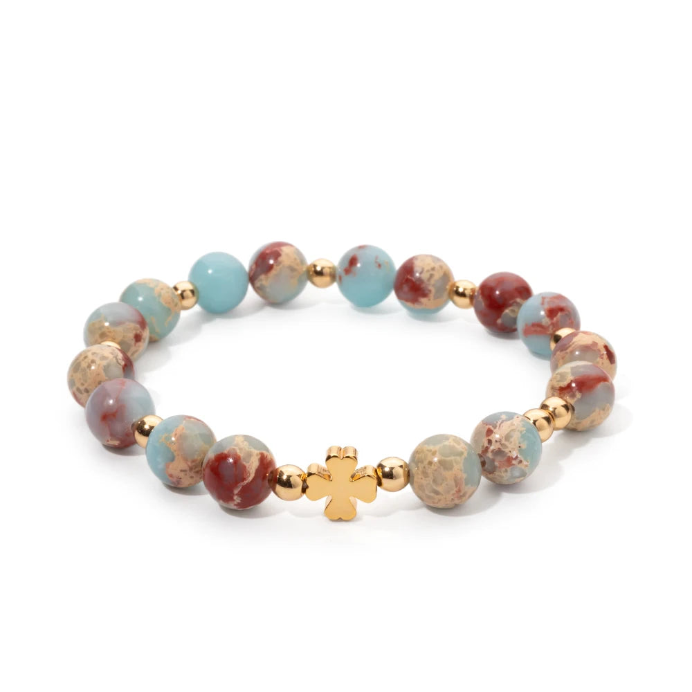 New 8MM Natural Stone Girl Bracelets Colorful Round Beads Alloy Gold Color Cross Women Bangle Fashion Jewelry Accessories 2024
