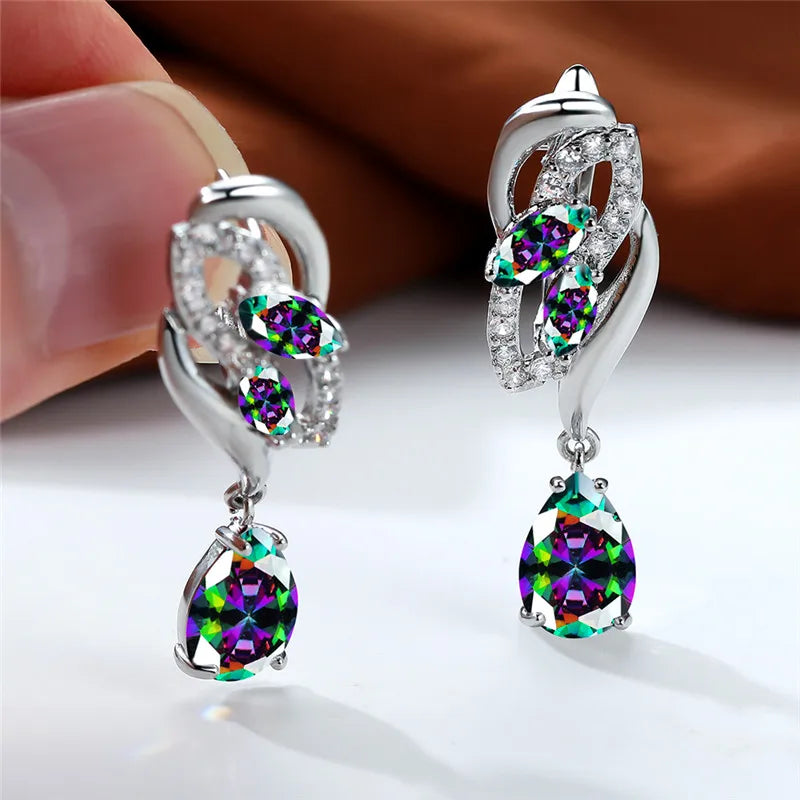 Luxury Female Blue Rainbow Stone Earring Silver Color Clip Earrings For Women Charm Crystal Zircon Wedding Jewelry