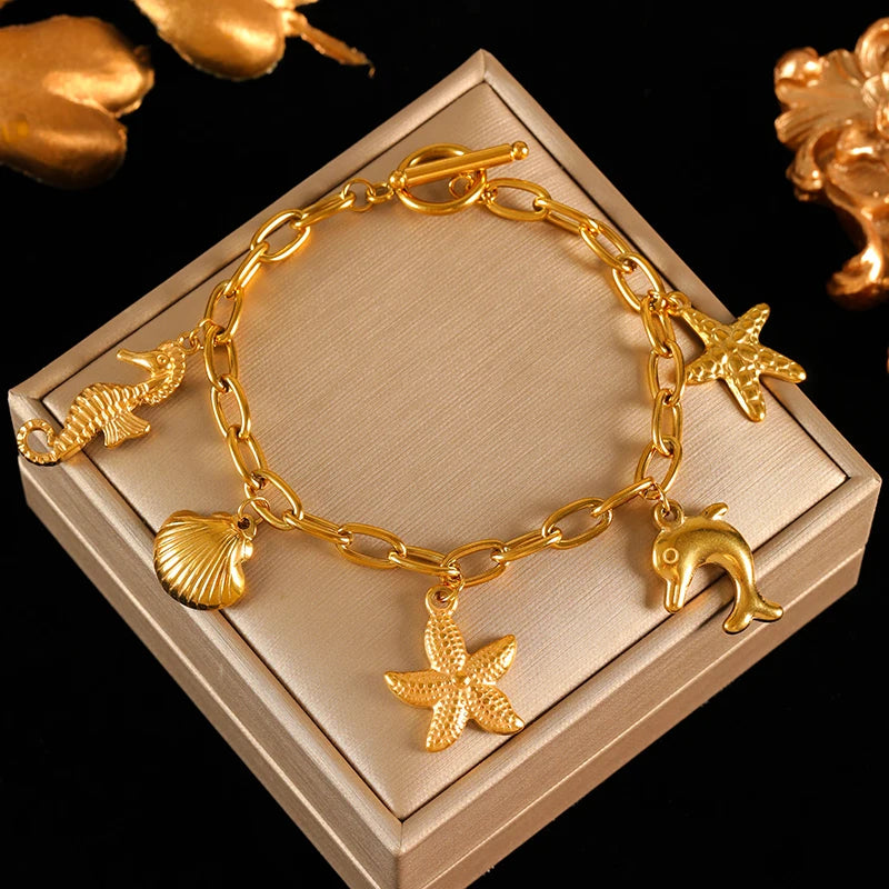 EILIECK 316L Stainless Steel Metal Golden Sun Moon Starfish Bracelet For Women Trendy Wrist Chain Handmade Jewelry Gift Party
